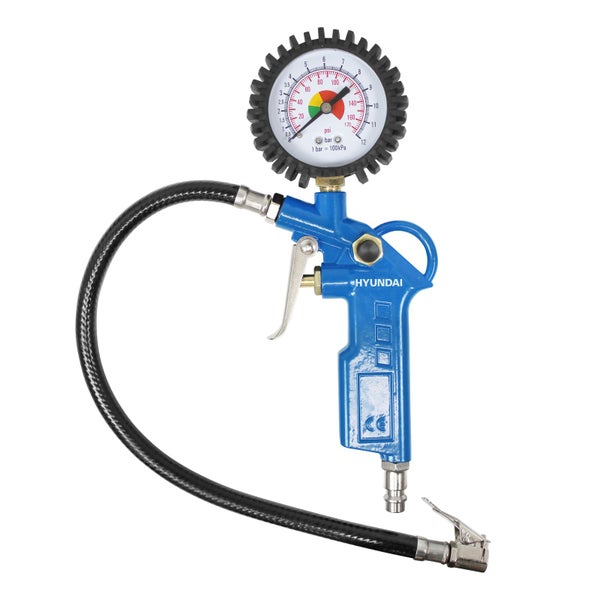 Hyundai Reifenfüller mit Manometer zur Reifendruckkontrolle und zum Aufpumpen von Fahrzeugreifen mit Druckluft