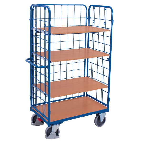 Blauer Gitterwagen mit vier Holzböden und Rollen für den Transport.