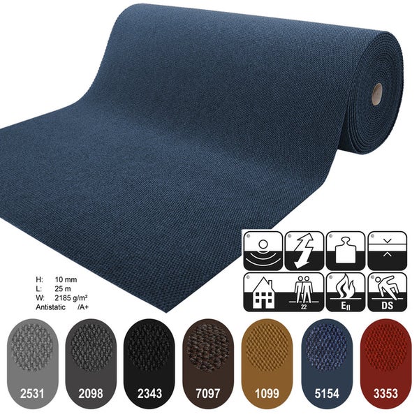 Blauer Teppichboden als Rollenware mit verschiedenen Symbolen und Farbmustern