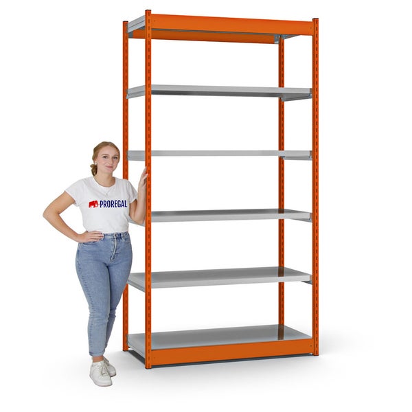 PROREGAL Fachbodenregal Stecksystem Vierkant-Profil Grundregal HxBxT 250 x 132,5 x 50 cm 6 Ebenen Einseitige Bauart Fachlast 200 kg Orange