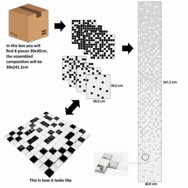 Illustration von Mosaikfliesen, acht Stück 30 mal 30 Zentimeter ergeben eine Gesamtfläche von 30 mal 241,2 Zentimeter.