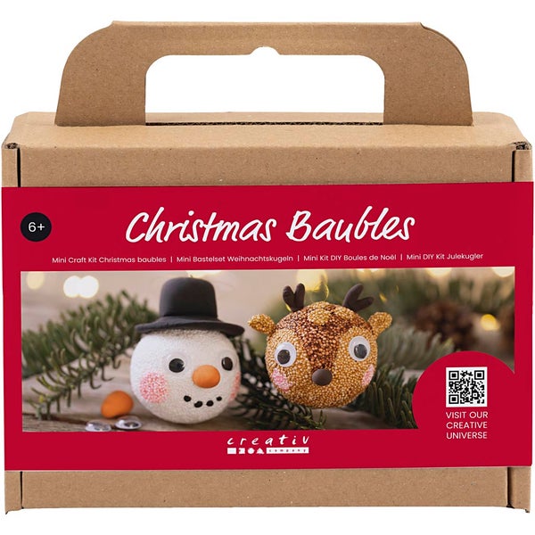 Verpackung eines Bastelsets für Weihnachtskugeln mit Motiven Schneemann und Rentier