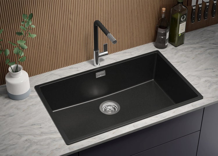 PRIMAGRAN Spülbecken Alles Schwarz 76x47cm, Granitspüle 1 Becken + Ablauf-Set, Küchenspüle ab 80er Unterschrank - London Slim