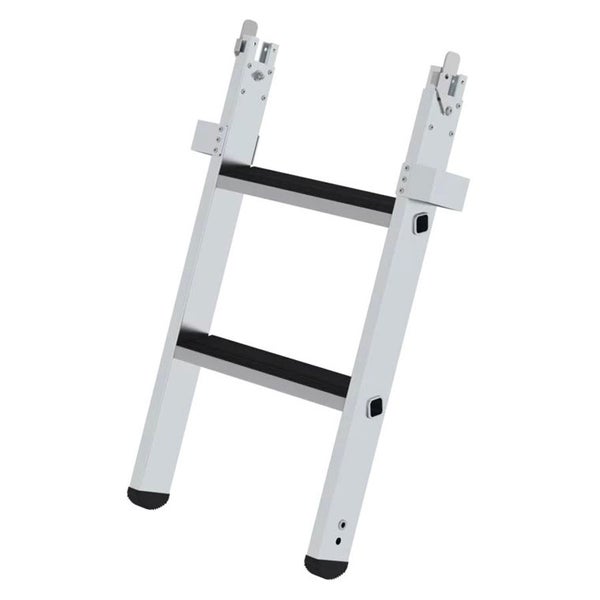Leiternverlängerung aus Aluminium mit zwei rutschhemmenden Stufen und Befestigungswinkeln.