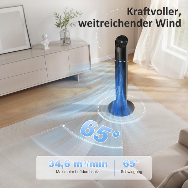 Moderner schwarzer Turmventilator in einem hellen, geräumigen Zimmer mit 65 Grad Oszillation und 34,6 Kubikmeter pro Minute Luftdurchsatz.