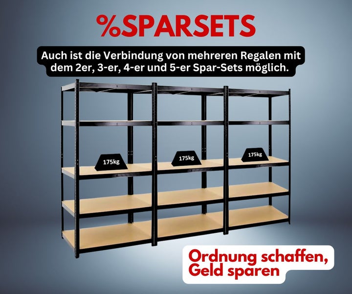 Sparset aus drei miteinander verbundenen Schwerlastregalen aus Metall mit Holzböden, Tragkraft 175 Kilogramm pro Boden.