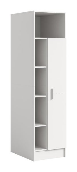 Hoher Badezimmerschrank in Weiß mit einer Tür und mehreren offenen Regalfächern.