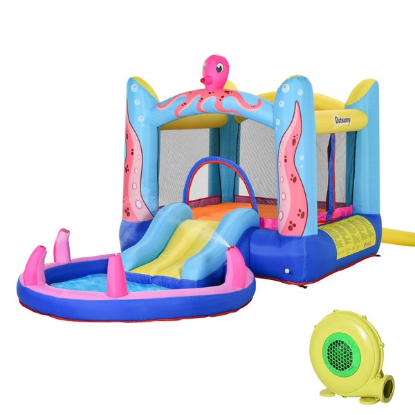 Outsunny Aufblasbare Hüpfburg mit Rutsche Springburg Spielburg Wasserpark für Kinder Trampolin aufblasbar Wasserrutsche Pool für 3-8 Jahre Oktopus-Muster Oxfordstoff 360 x 175 x 180 cm