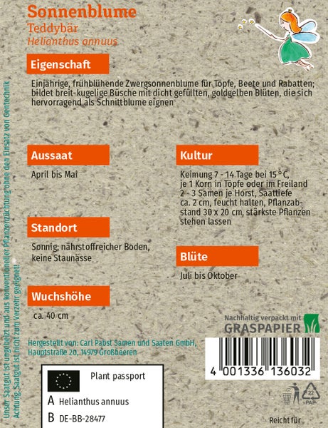 Rückseite einer Samentüte für Sonnenblume Teddybär mit Anbauanleitungen zu Aussaat, Standort, Wuchshöhe circa 40 Zentimeter, Kultur und Blütezeit.