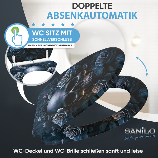 Sanilo WC Sitz mit Absenkautomatik und Schnellverschluss mit Rosen und Totenkopf Motiv