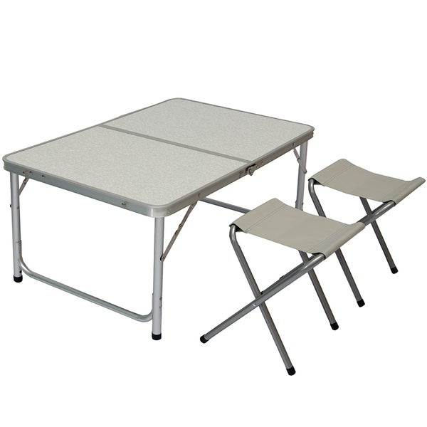 AMANKA klappbarer höhenverstellbarer Campingtisch 90x60x70 cm inkl. 2 Falthocker Campingtischset Kofferformat Hell Grau