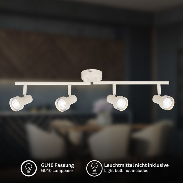 Vierflammige Deckenstrahler-Schiene mit GU10 Fassung, Leuchtmittel nicht im Lieferumfang enthalten.