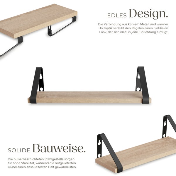 3er Set Wandregal tectake Cowell Höhe 12 cm Industrial Style Industrial Holz hell, Eiche Sonoma