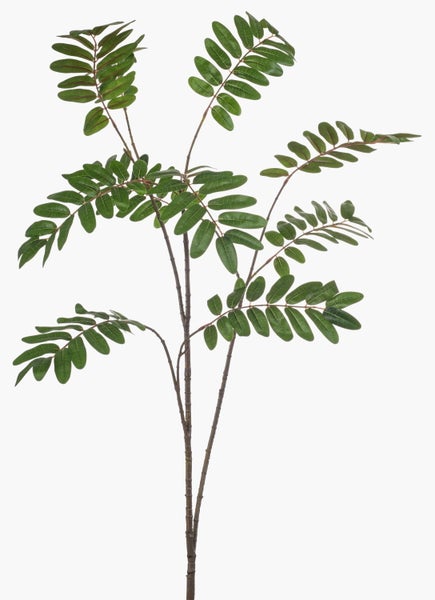 Künstlicher Zweig mit grünen, spitz zulaufenden Blättern, feinen Ranken und kleinen weißen Blüten.