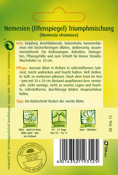 Rückseite der Saatgutpackung Nemesien Elfenspiegel Triumphmischung mit Details zu Aussaat, Keimung, Blütezeit und Pflege.