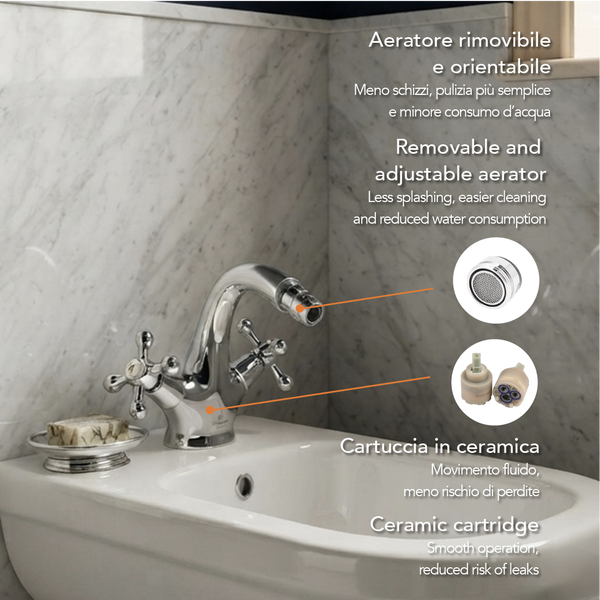 Bidet-Armatur aus Chrom mit zwei Kreuzgriffen, schwenkbarem Luftsprudler und Keramikkartusche.