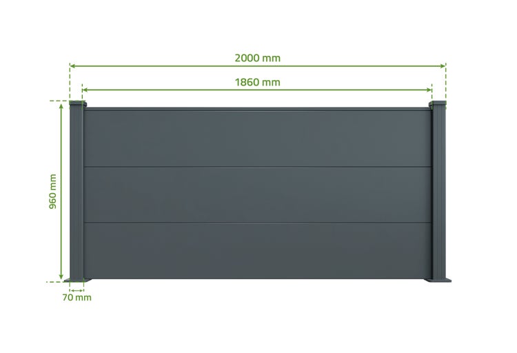 Sichtschutzelement mit Pfosten und Maßangaben in Millimeter für Garten und Terrasse