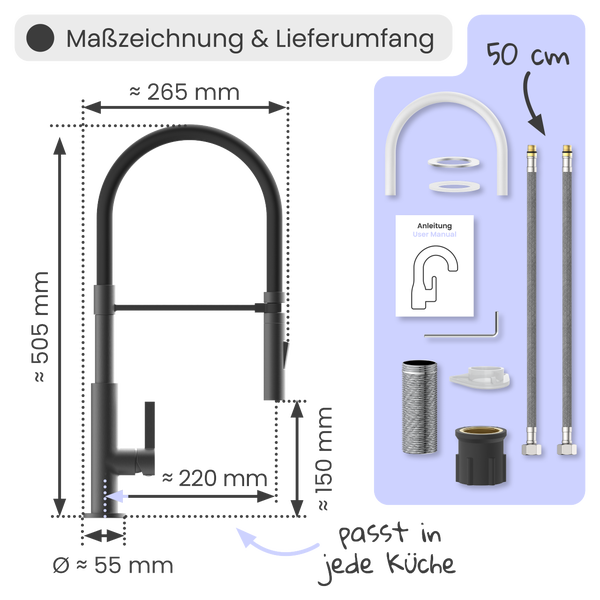 Maßzeichnung Küchenarmatur mit Auszugbrause: Höhe circa 505 Millimeter, Ausladung circa 220 Millimeter. Inklusive Anschlussschläuchen und Zubehör.