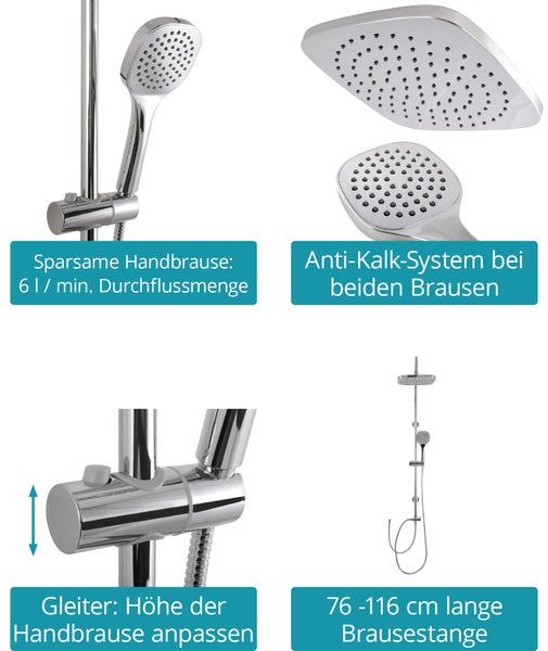 Calmwaters® Duschsystem Chrom, mit Regendusche & Handbrause, je 1 Strahlart, Regendusche, Anti-Kalk, höhenverstellbar, Kleben oder Bohren, 20DP6173