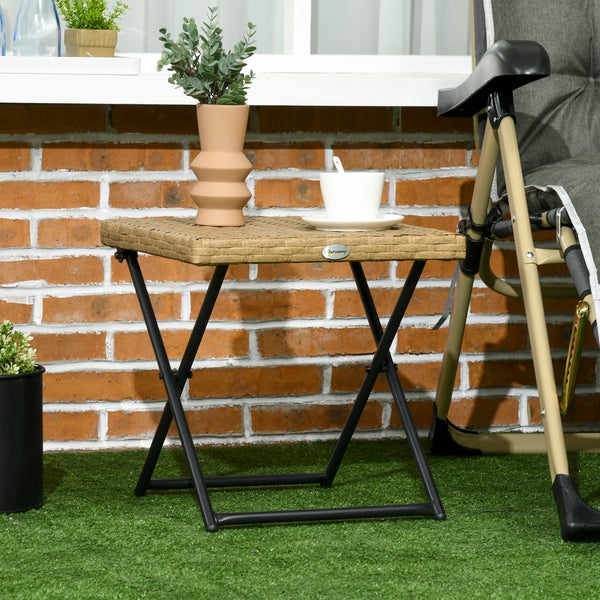 Outsunny Beistelltisch aus Polyrattan klappbar Kaffeetisch Couchtisch Tablett Balkontisch Gartentisch Sofatisch Teetisch Gartenmöbel Rattantisch für Garten Terrasse Balkon, 40x40x40cm Naturholz