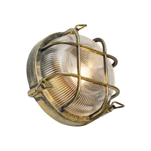 Runde Außenleuchte in antikem Messing-Design mit Schutzgitter und geripptem Glas für Wand oder Decke.