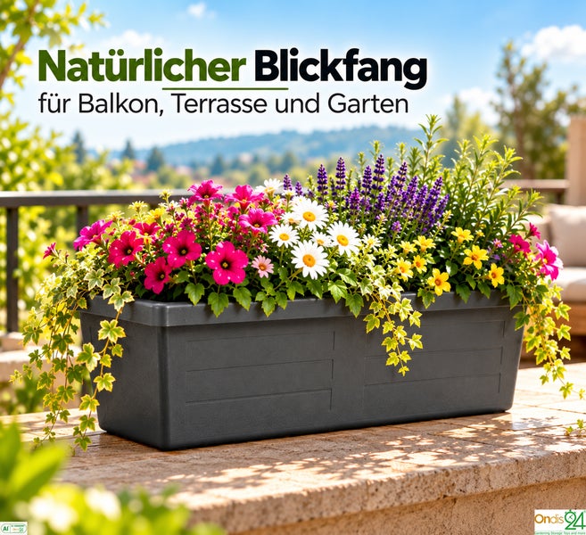 Rechteckiger Blumenkasten aus Kunststoff bepflanzt mit bunten Blumen auf einer Terrasse für Balkon und Garten.