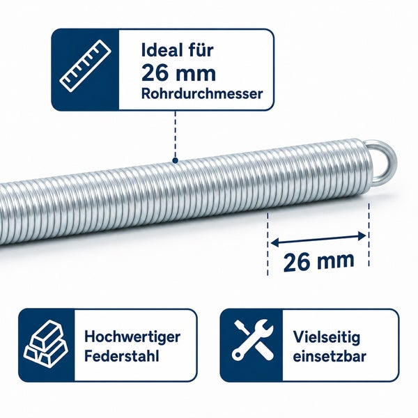Rohrbiegefeder aus Federstahl für 26 Millimeter Rohrdurchmesser, vielseitig einsetzbar für präzise Rohrverlegung.