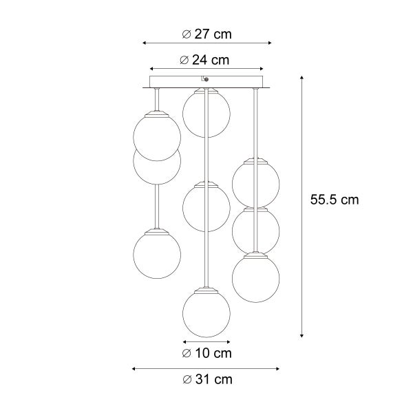 Technische Zeichnung einer Hängeleuchte mit Kugelform und Maßangaben