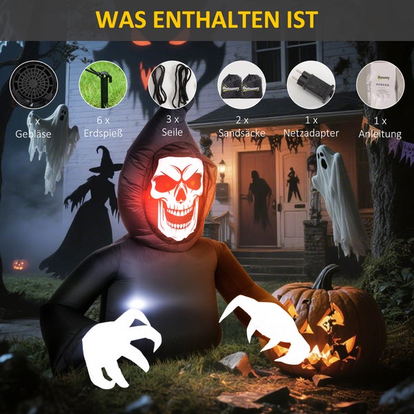 Lieferumfang einer aufblasbaren Halloween-Dekoration mit Gebläse, Erspießen, Seilen, Sandsäcken, Netzadapter und Anleitung.