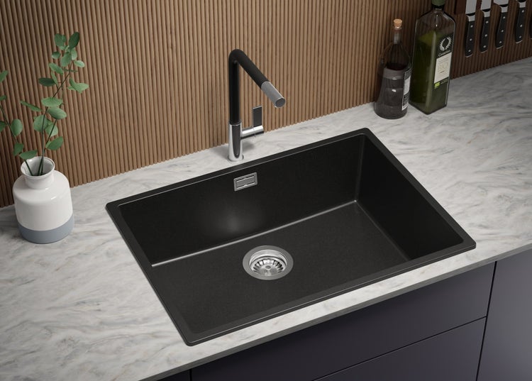 PRIMAGRAN Spülbecken Alles Schwarz 66x47cm, Granitspüle 1 Becken + Ablauf-Set, Küchenspüle ab 70er Unterschrank - London Slim