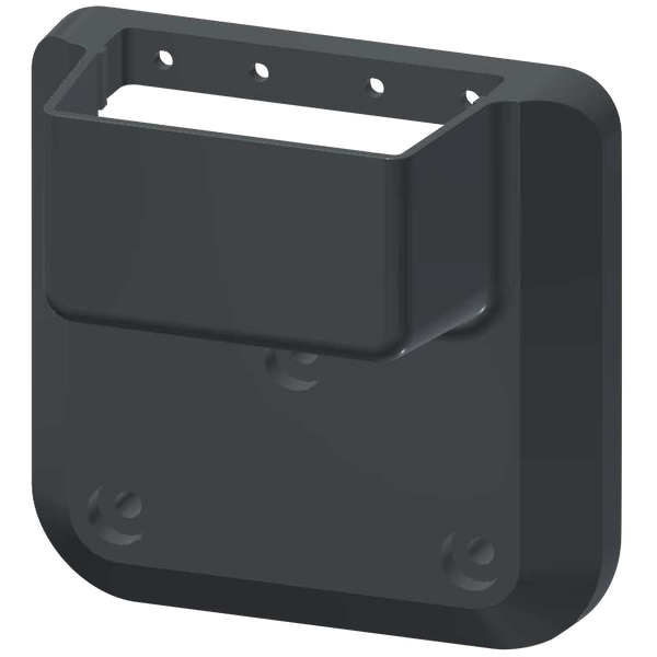 Wandhalterung aus schwarzem Kunststoff mit mehreren Befestigungslöchern.