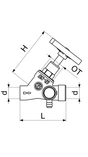 Technische Zeichnung eines Schrägsitzventils mit Nennweite 15 und Bemaßungen für Länge, Höhe und Durchmesser.