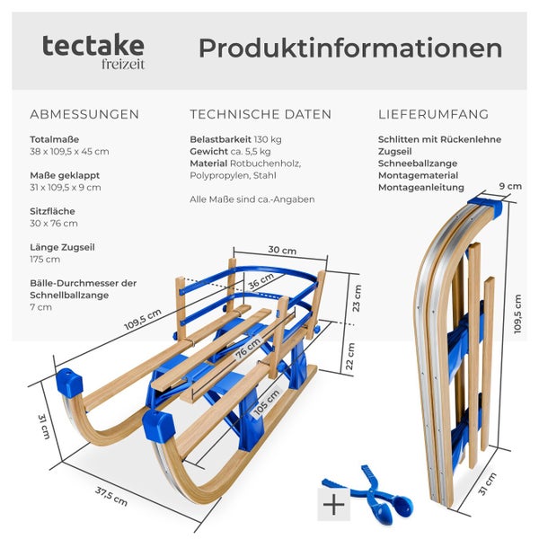 Produktinformationen zum Holzschlitten mit Rückenlehne, Zugseil und Schneeballzange mit Maßangaben und technischen Daten