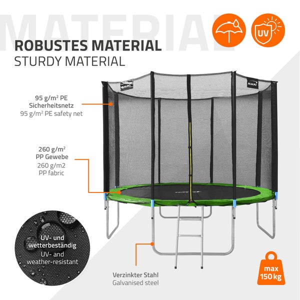 Hauki Trampolin Outdoor, Ø366 cm, Grün, GS geprüft, Rundes Gartentrampolin für Kinder bis 150 kg, Komplettset mit Sicherheitsnetz, Leiter, Randabdeckung, Gepolsterte Stangen, Stabile Kindertrampolin