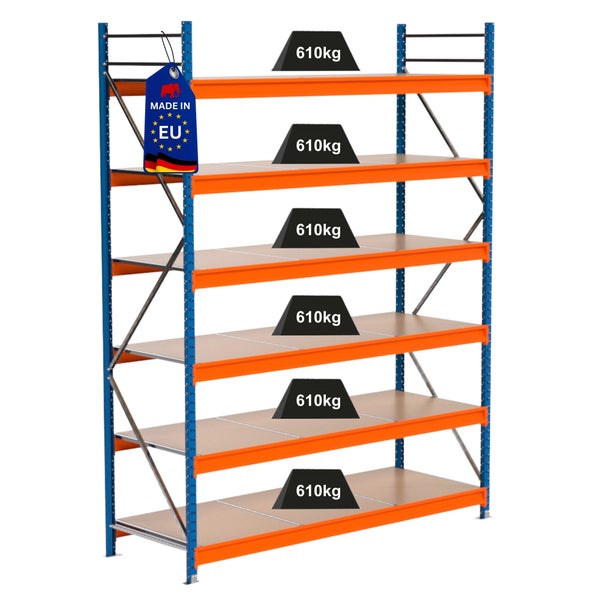Lagerregal mit sechs Ebenen und einer Traglast von 610 Kilogramm pro Ebene