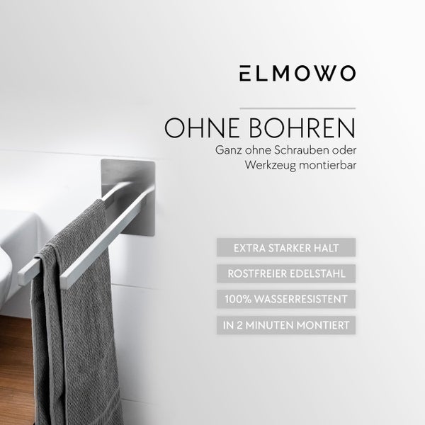 Handtuchhalter aus Edelstahl zur Montage ohne Bohren mit Elmowo Logo und Produktvorteilen.