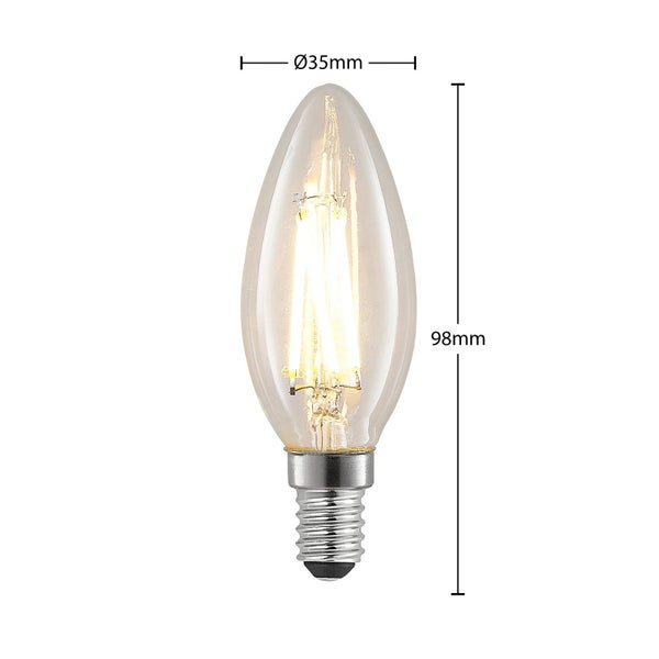 LED-Filament-Kerzenlampe mit klarem Glas, Durchmesser 35 Millimeter, Höhe 98 Millimeter.
