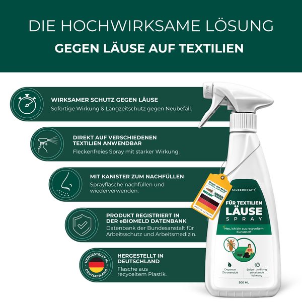 Silberkraft Läusespray 500 ml, Läuse-Ex-Spray, Textilien schützen, Kopfläuse vorbeugen, Umgebungsspray gegen Läuse, effektives Abwehrspray gegen Nissen
