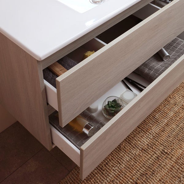 Waschtischunterschrank mit zwei offenen Schubladen zur Aufbewahrung von Badutensilien