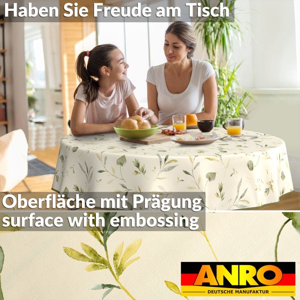 Esstisch mit geprägter Tischdecke mit Pflanzenmuster, Anro Logo