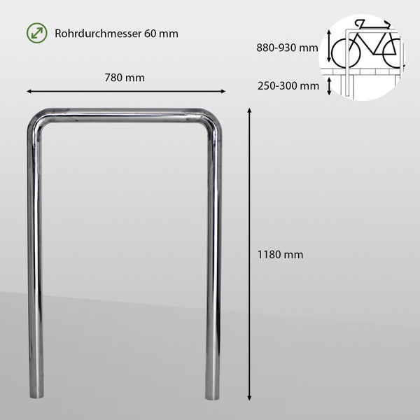 Fahrradparker aus Metall mit den Massen 780 mm Breite, 1180 mm Höhe und 60 mm Rohrdurchmesser
