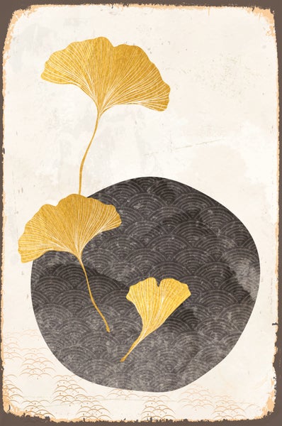 Wandbild mit drei goldenen Ginkgo-Blättern vor einem dunklen Kreis mit Wellenmuster auf strukturiertem Hintergrund im Vintage-Stil.
