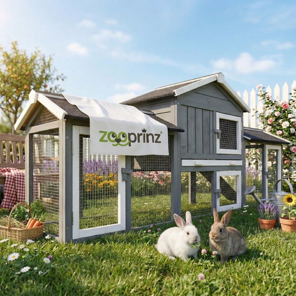 Großer zweistöckiger Kaninchenstall aus Holz mit integriertem Freilaufgehege und Zooprinz Logo in einem hellen, organisierten Garten.