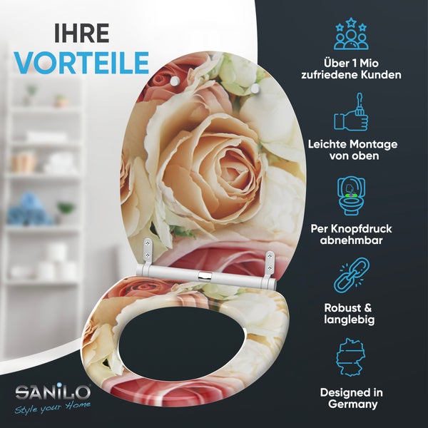 Sanilo Logo. WC-Sitz mit Rosenmotiv, einfache Montage von oben, per Knopfdruck abnehmbar, robust, langlebig, in Deutschland entworfen.