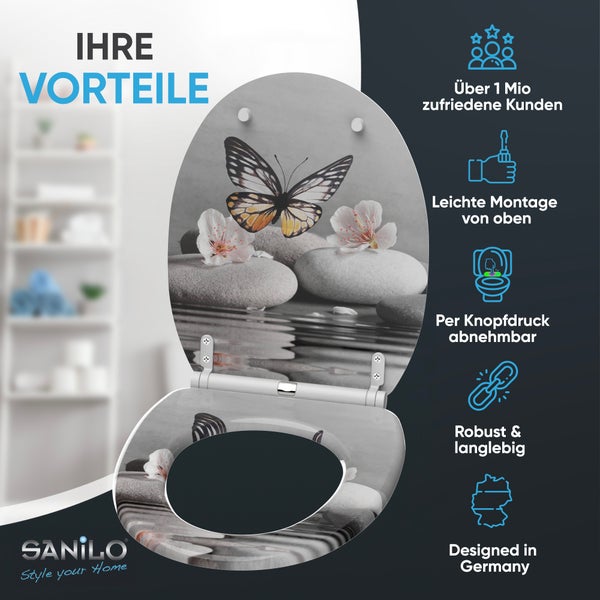 Toilettensitz Sanilo mit Schmetterlingsmotiv, Montage von oben, abnehmbar per Knopfdruck, robust und langlebig. Sanilo Logo.