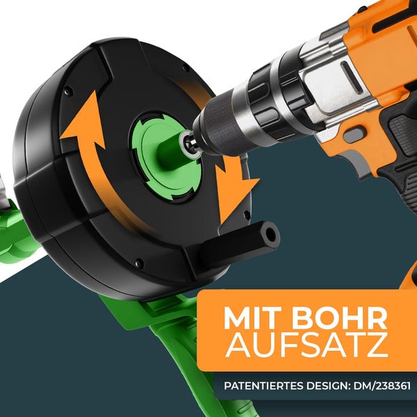 Akku-Bohrschrauber mit Bohraufsatz für automatische Aufwicklung, patentiertes Design und Drehrichtungspfeile.