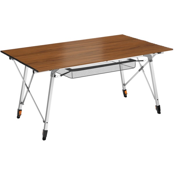Klappbarer Campingtisch mit Tischplatte in Holzoptik, Aluminiumgestell und praktischer Netzablage unter der Platte.