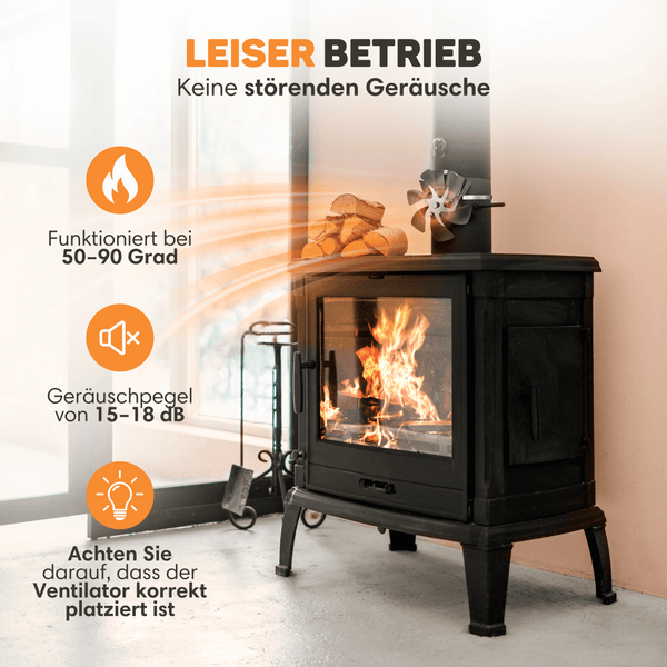 Vulpes Goods Kaminventilator - Für den Holzofen - Hängender Wärmeventilator - Stromunabhängig - 6 Blätter - Mit Thermometer