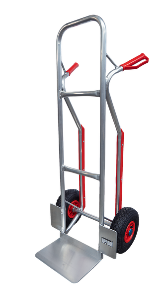 Eine silberne Sackkarre aus Aluminium mit zwei luftbereiften Rädern und zwei Griffen für den einfachen Transport von schweren Lasten.