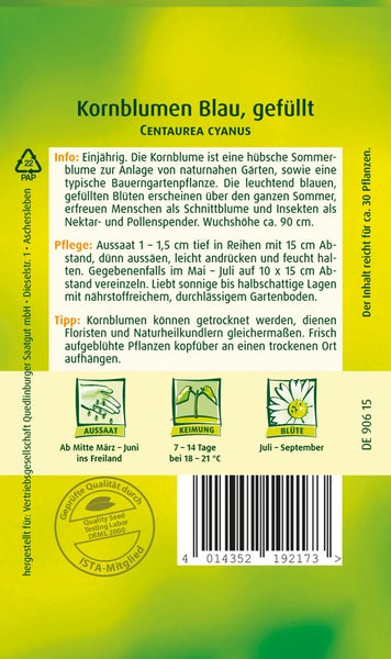 Rückseite einer Samenpackung für Kornblumen Blau, gefüllt, mit Hinweisen zu Aussaat, Keimung und Blüte sowie einem Siegel für geprüfte Qualität.